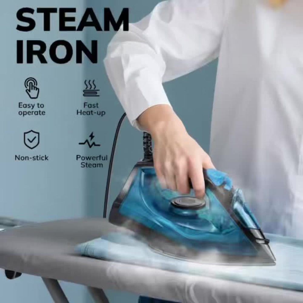 Steam Iron Non-Stick Bottom Plate High Pressure Anti-Calc Safety Protection Adjustable Temperature Steam Settings Dry Wet Clothes Fast Heating Travel Essential Blue