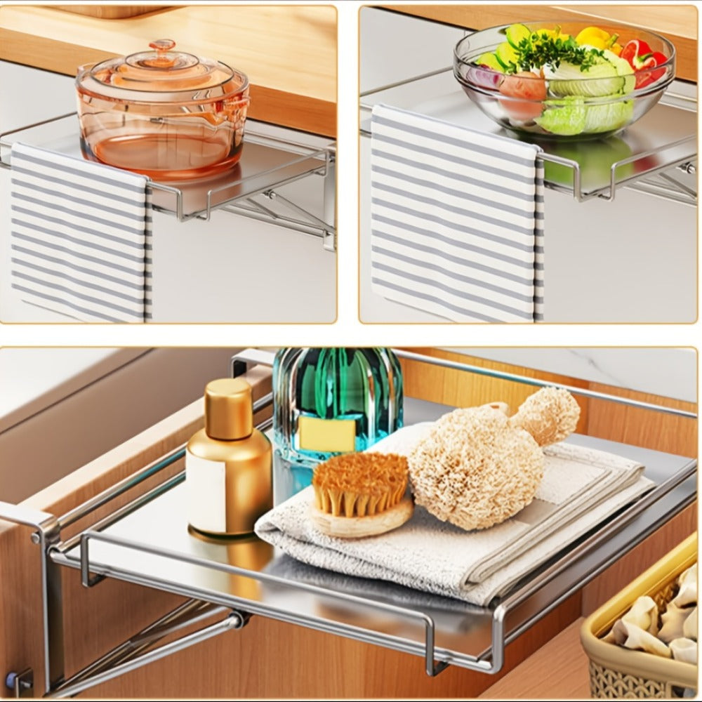 Foldable Stainless Steel Kitchen Storage Rack ¨C Cabinet Door Organizer & Countertop Shelf for Kitchen, Bathroom & Pantry | Space-Saving Multi-Use Hanging Rack