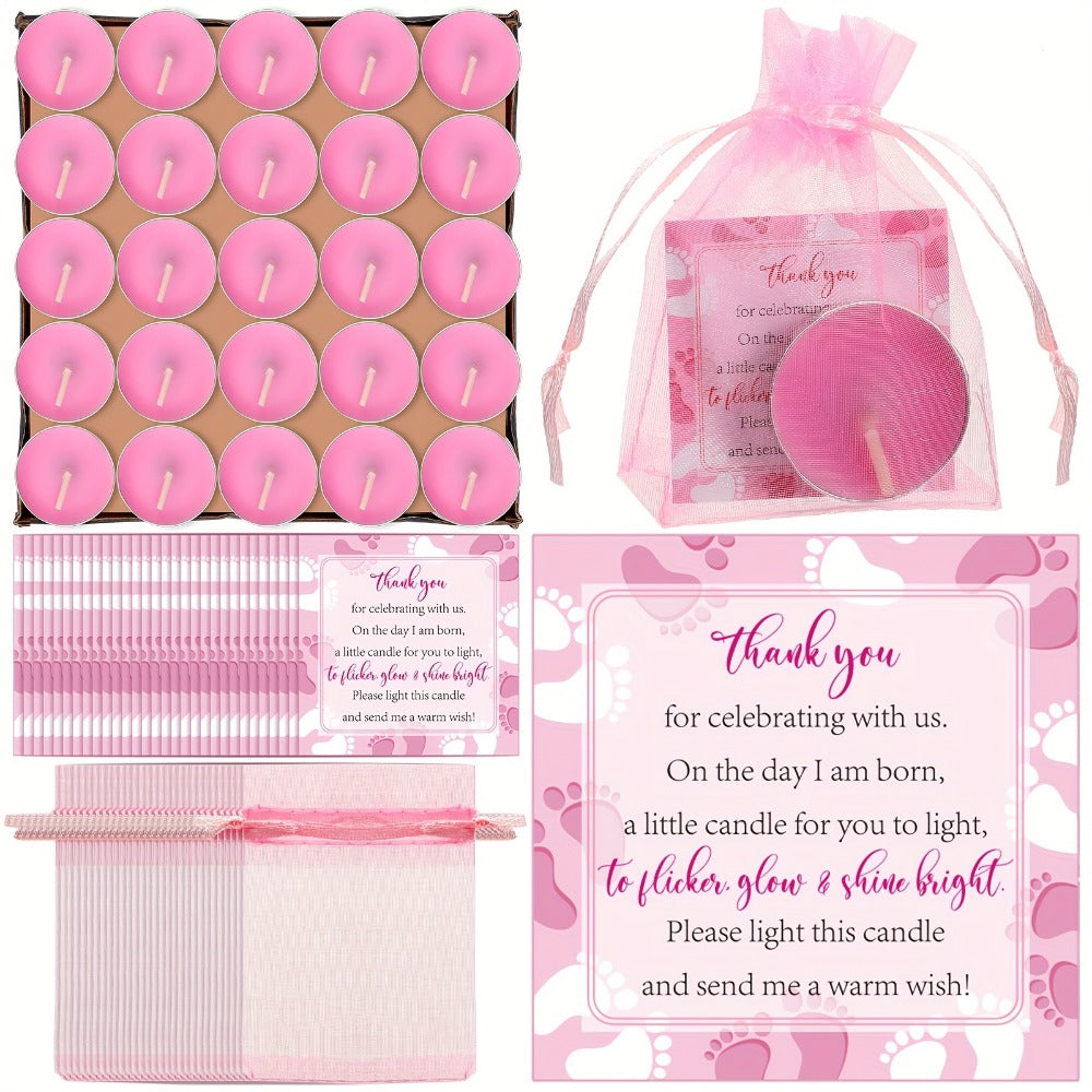 Tealight Candles Party Favor Sets 50 Pack with Gift Bags and Cards - Unscented Paraffin Wax Tea Lights Bulk Set for Weddings Birthdays Baby Showers Pink