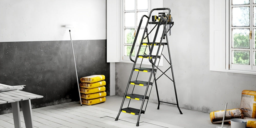 6 Step Ladder with Handrails & Tool Platform 800 LBS ¨C Folding Step Stool Wide Pedal Steel Safety Ladder for Adults, Painting, Home, Garage & Outdoor Use ¨C Auto Safety Lock, Compact Storage