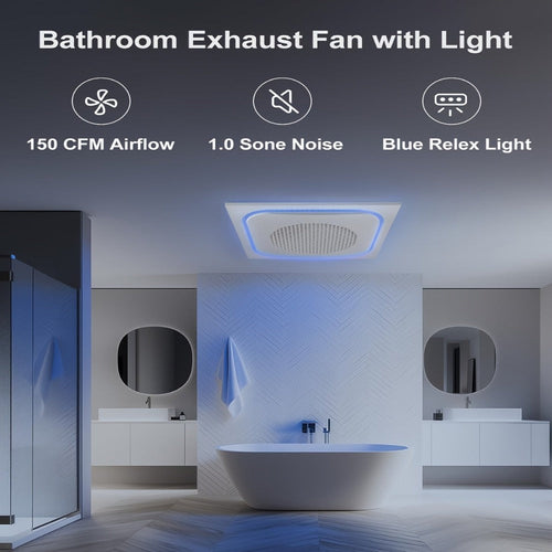 Bathroom Exhaust Fan with Light 150 CFM 1.0 Sone - 40W LED Night Light Ventilation Fan Combo, Quiet Bath Fan with Blue LED, Easy Install, White