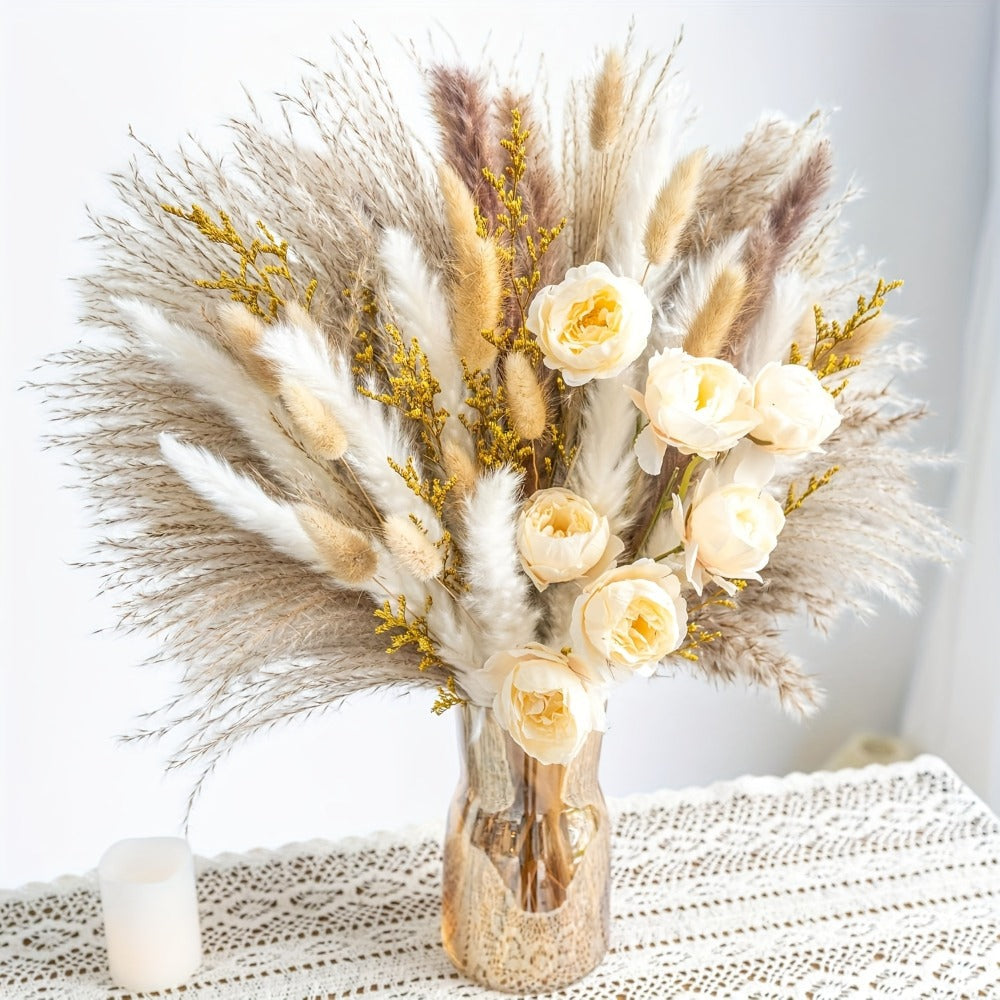 Dried Flower Bouquet Pampas Grass with Artificial White Beige Roses 51 91pcs Boho Dried Floral Arrangement for Wedding Centerpiece Farmhouse Home Table Decor Rustic Vase Filler No Maintenance