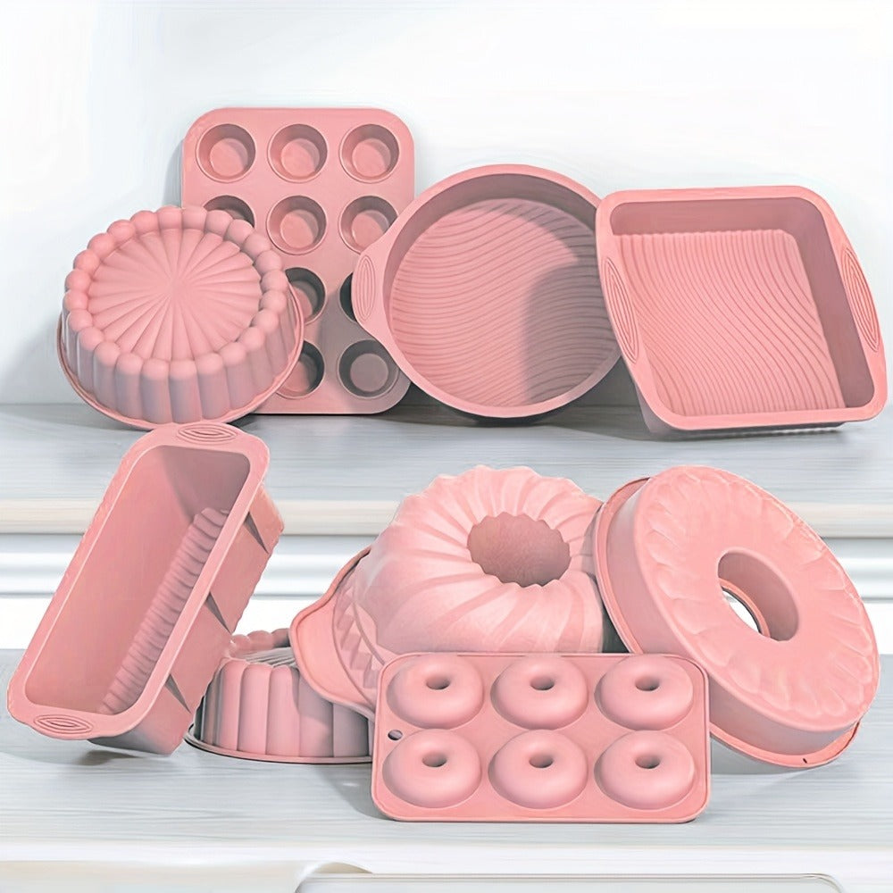 Silicone Baking Pan Set 6-Piece, Nonstick Silicone Cake Molds, Muffin Pan & Donut Baking Pan, Flexible Easy Release Bakeware for Oven Use, Holiday Baking Molds in Pink Gray Blue