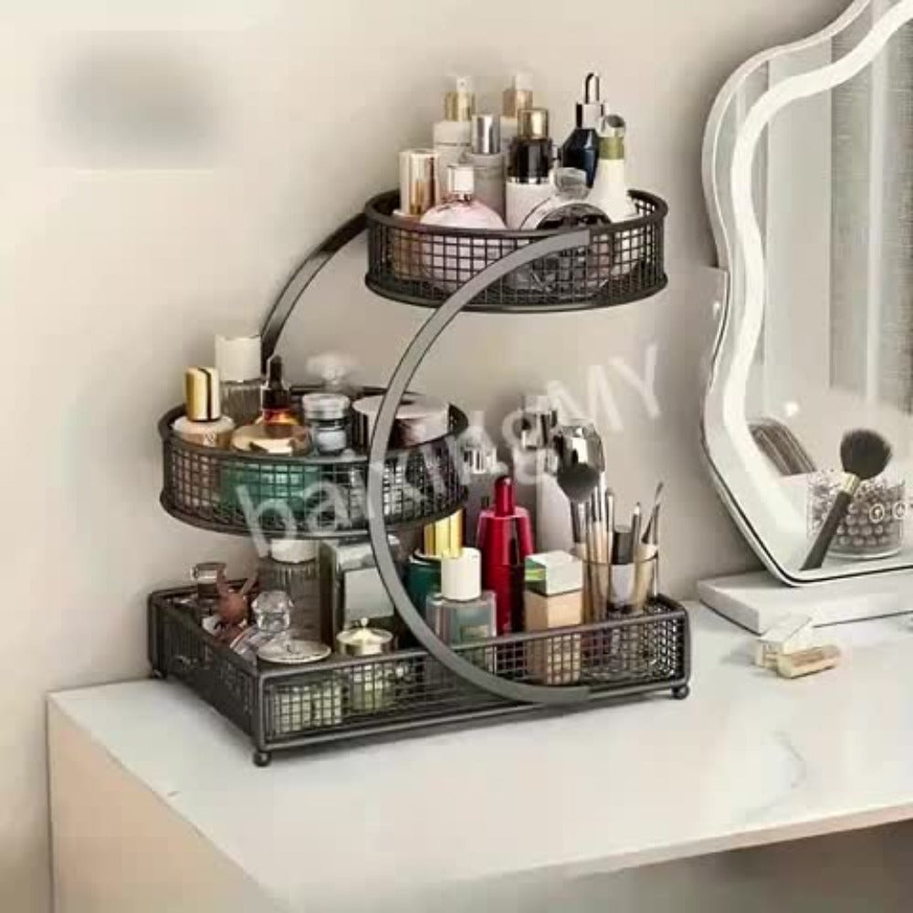 3-Tier Mesh Metal Bathroom Countertop Organizer - No-Installation Makeup Storage Rack, Tiered Vanity Shelf for Lipstick, Brushes & Skincare Bottles, Bronze Finish Space-Saving Cosmetic Organizer