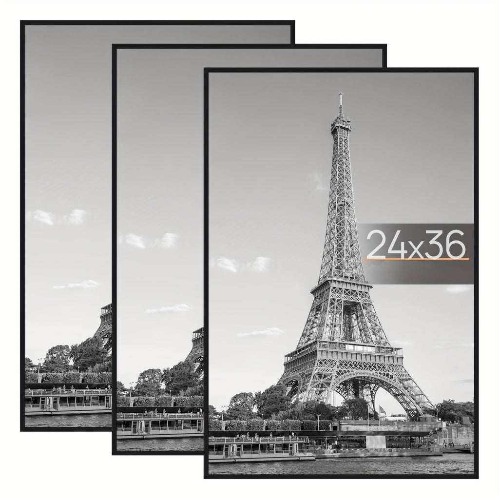 Poster Frame 24x36 Black 3 Pack, Slide-In Picture Frames for Horizontal or Vertical Wall Mounting, Scratch-Proof Lightweight Gallery Wall Photo Frame for Art Prints Diplomas