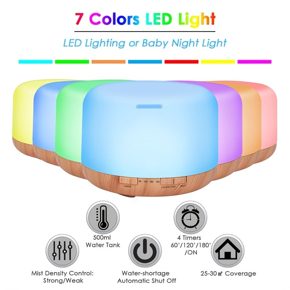 Large Room Essential Oil Diffuser 16.91oz ¨C Timer, 7 Ambient LED Lights, No Water Auto-Off, Wood Grain Design for Home & Office