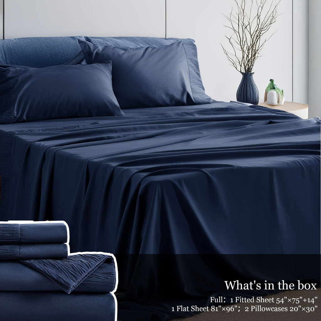 Bed Sheet Set 4-Piece Soft Breathable Cooling Sheets - Flat Sheet, Fitted Sheet & 2 Pillowcases, Wrinkle-Free Hotel Luxury Bedding, All Season Comfort