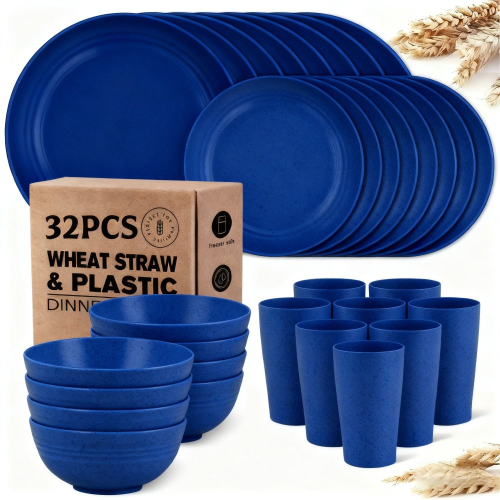 Wheat Straw Dinnerware Set 16 or 32 Piece ¨C Plates & Bowls for 4 or 8 People, Microwave & Dishwasher Safe Plastic Dish Set, Lightweight Colorful Tableware for Home, Party & Holiday