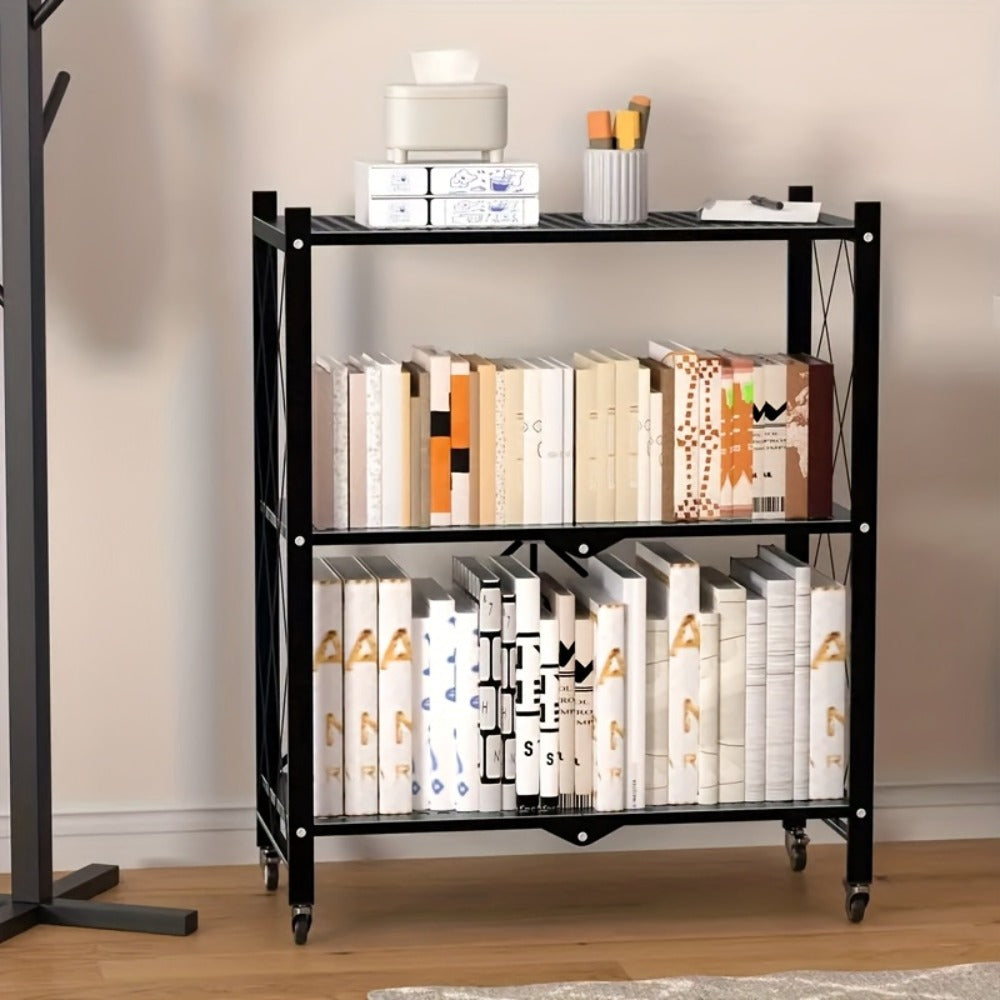 Heavy Duty Storage Rack with Wheels 3-Layer Foldable Metal Shelving Unit 750 LBS Capacity, Rolling Utility Cart for Garage Kitchen Pantry Closet, Movable Black Metal Storage Shelf