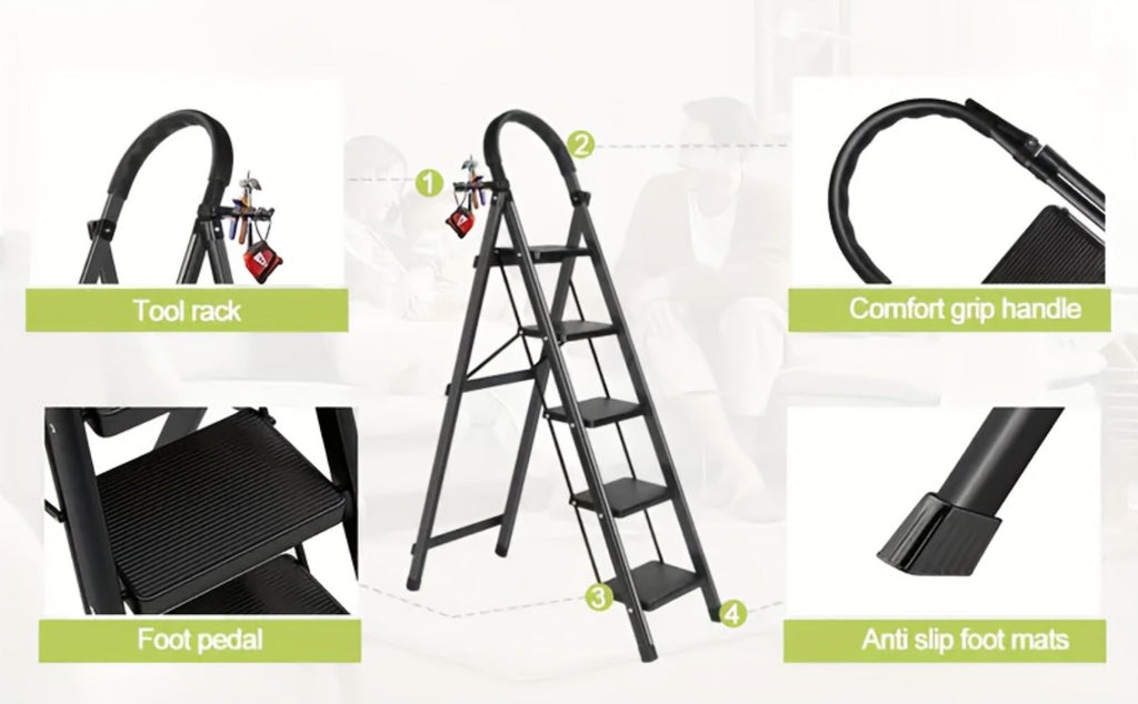 Folding Step Ladder 3 / 4 / 5 Step with Anti-Slip Pedal & Tool Tray ¨C 450 LBS Capacity Portable Steel Step Stool for Adults, Home, Kitchen, Library & Office Use ¨C Red & Black Options