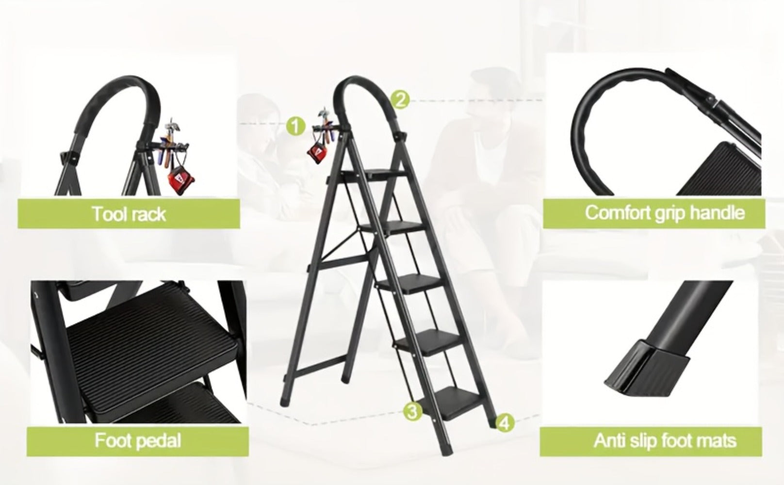 Folding Step Ladder 3 / 4 / 5 Step with Anti-Slip Pedal & Tool Tray ¨C 450 LBS Capacity Portable Steel Step Stool for Adults, Home, Kitchen, Library & Office Use ¨C Red & Black Options