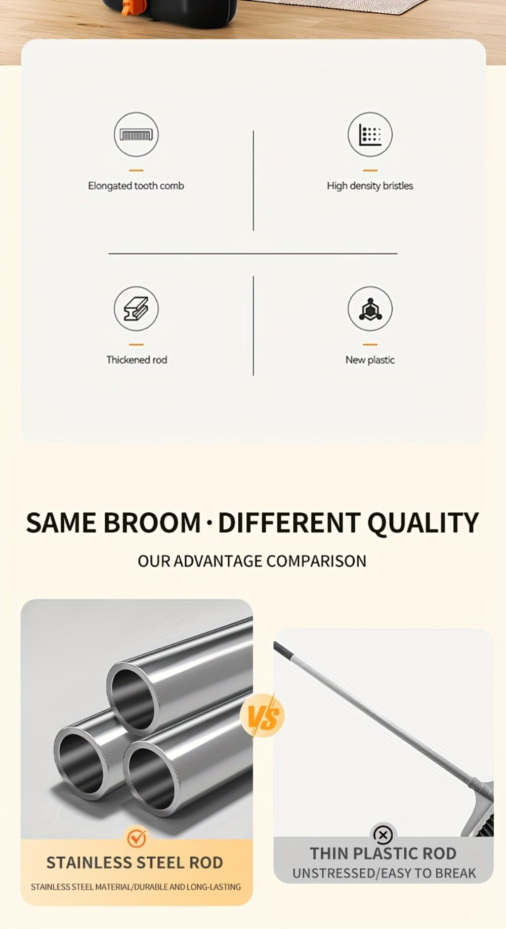 Folding Broom and Dustpan Set 50 Inch Extended Handle - Dense Elastic Bristles Wide Deep Dustpan for Dust Hair Debris, Foldable Broom for Home Kitchen Bathroom Bedroom Living Room, Blue White Black Orange Khaki