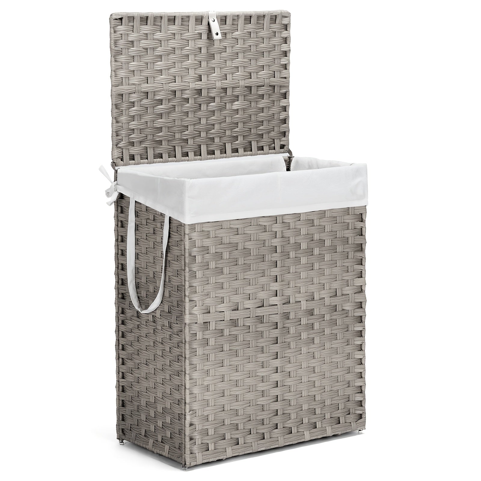 Laundry Basket with Lid - Large Foldable Rattan Hamper with Removable Washable Liner, Sturdy Steel Frame, for Bathroom Bedroom, Goose Yellow or Dove Gray