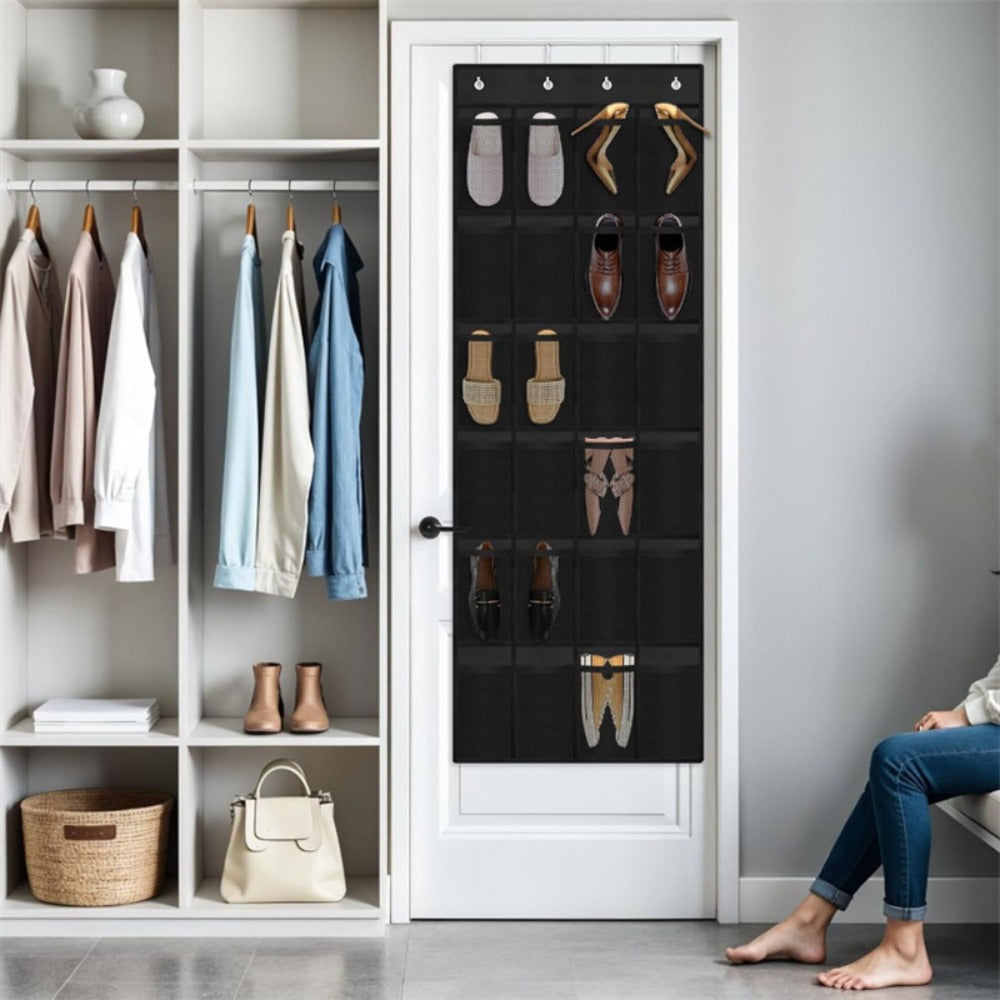 Over Door Shoe Organizer 24 Large Mesh Pockets ¨C Foldable Breathable Hanging Storage Rack, Durable Fabric Closet Hanger for Shoes & Accessories, Space-Saving Door Organization