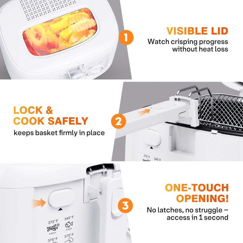 Electric Deep Fryer 1500W ¨C 84.54oz Large Capacity, Adjustable Temperature Control, Non-Stick Basket, Viewing Window, Removable Lid, One-Touch Switch, Easy to Clean, Black & White Options