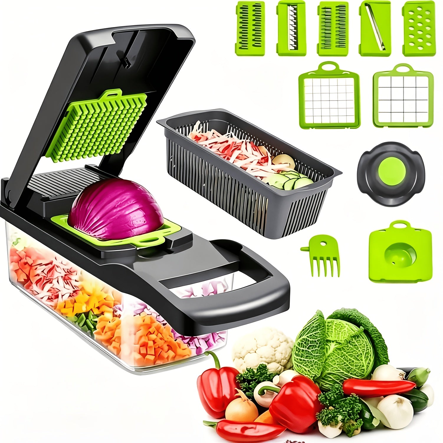 14-in-1 Vegetable Chopper & Food Dicer | Stainless Steel Blades, Large Capacity Collector, Egg Separator, Easy Clean ¨C Manual Kitchen Slicer Grater