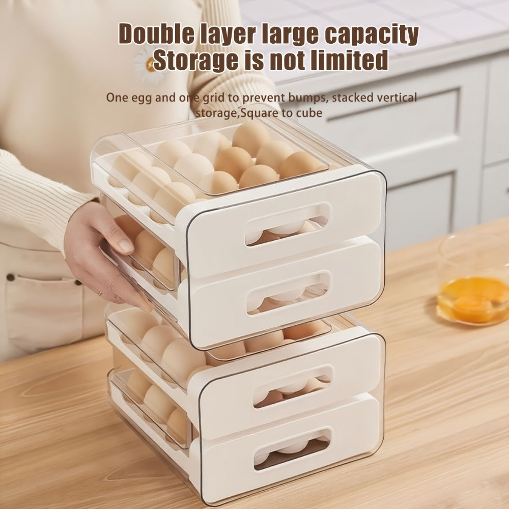 Egg Storage Container 32 Grid Double Layer with Drawer | Fridge Egg Holder Organizer | Sturdy PET+PP Stackable Egg Tray for Refrigerator, Keeps Eggs Fresh & Organized