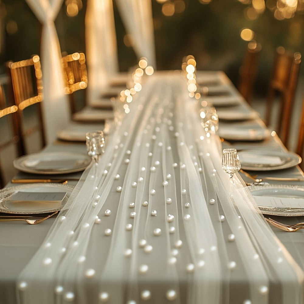 White Pearl Beaded Tulle Table Runner 2.5¡Á9.8ft | Wedding Ceremony Backdrop, Birthday Party & Valentine's Day Romantic Decor, Sheer Mesh Fabric 3PCS