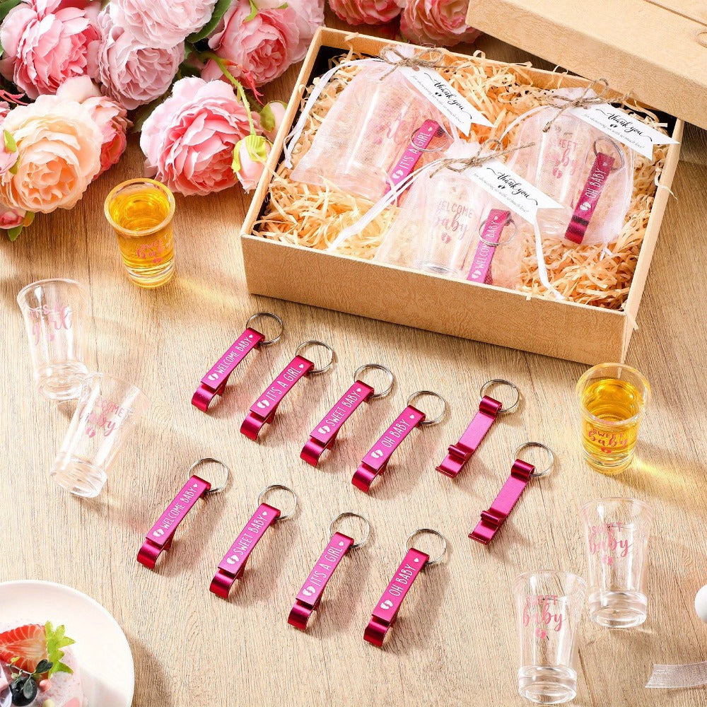 Baby Shower Party Favors 96pcs for 24 Guests - Shot Glasses Bottle Openers Thank You Tags Organza Bags Pink Gender Reveal Return Gifts Boy Girl Shower Prize Set