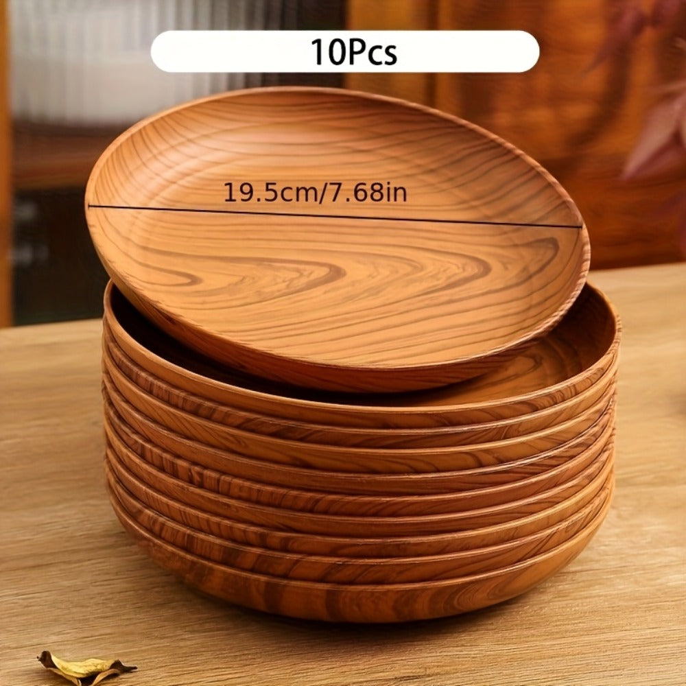 Wood Grain Plastic Dinner Plates Set of 10 - 7.8 Inch Salad Serving Plates for Kitchen Dining Table
