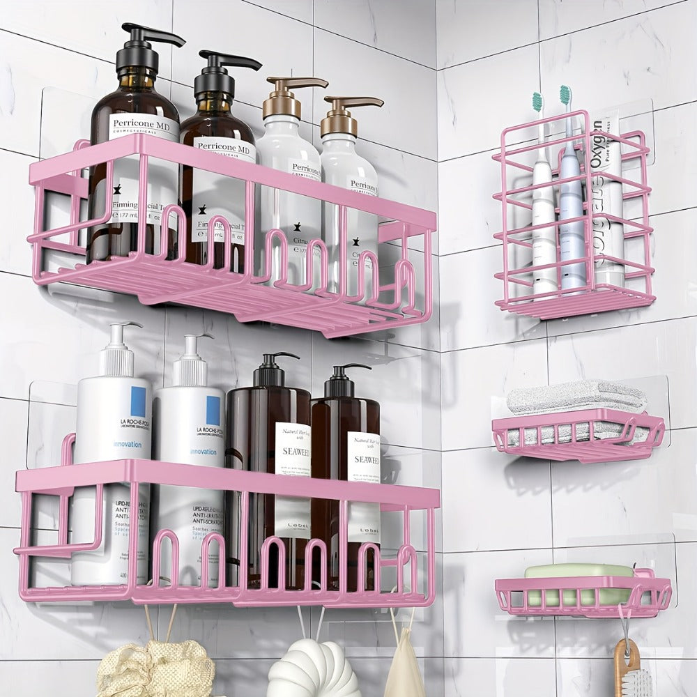 Shower Caddy Organizer 5 Pack Adhesive Rustproof Stainless Steel Shower Shelves with Soap Holder No Drilling Bathroom Storage Rack for Shower Wall Renters Apartment Kitchen Multiple Colors