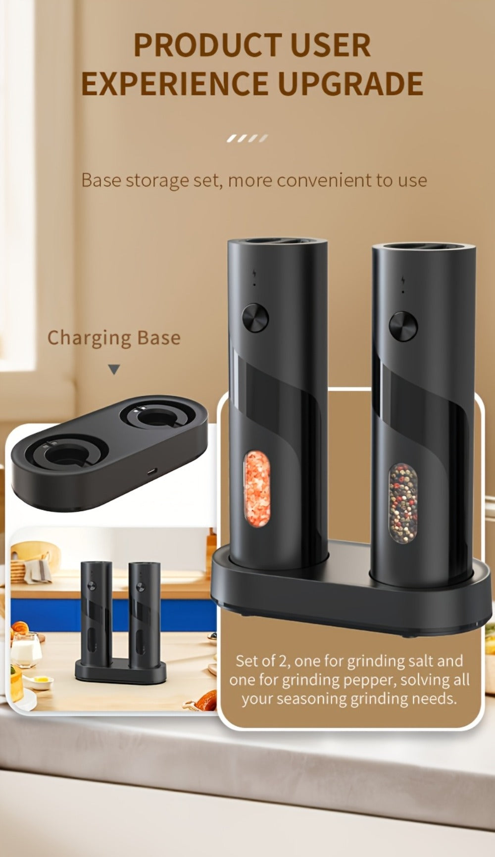 Electric Salt and Pepper Grinder Set with LED Light, Rechargeable Automatic Salt Pepper Mill, Adjustable Coarseness 3.72oz Large Capacity, Kitchen BBQ Restaurant Outdoor Wedding Gift