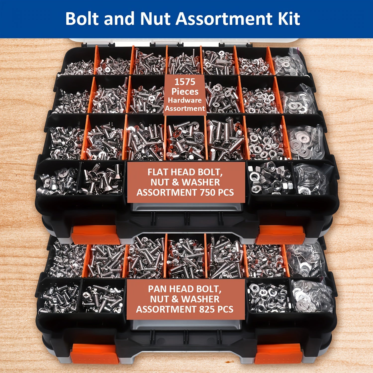 1575pcs 304 Stainless Steel Nuts and Bolts Assortment Kit ¨C Pan Head Flat Head Screws Nuts Washers with Double-Sided Storage Box for Home & Mechanical Repairs