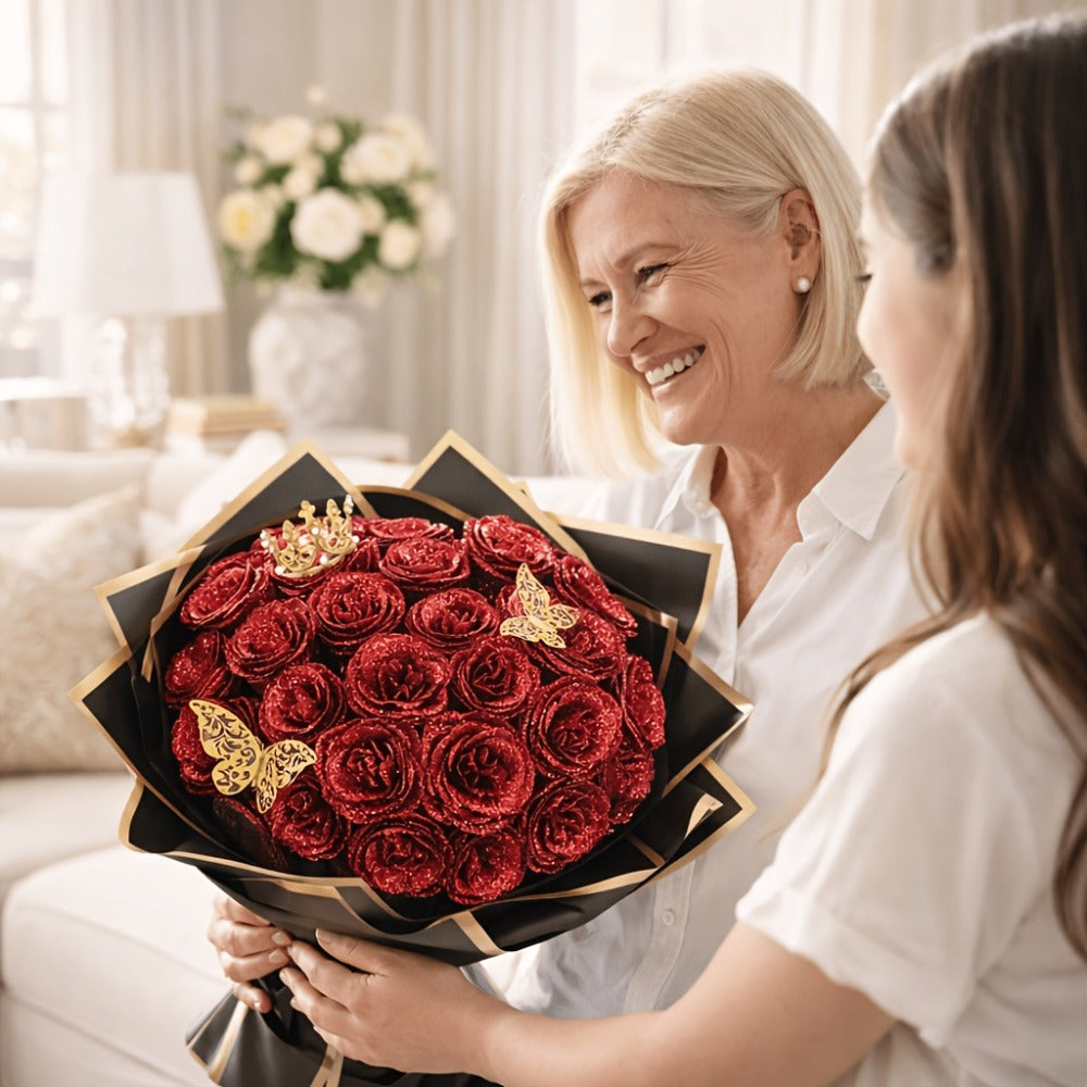 Glitter Roses Bouquet 24/36pcs - Everlasting Artificial Roses with Sparkling Glitter Petals for Valentine's Day, Wedding & Anniversary