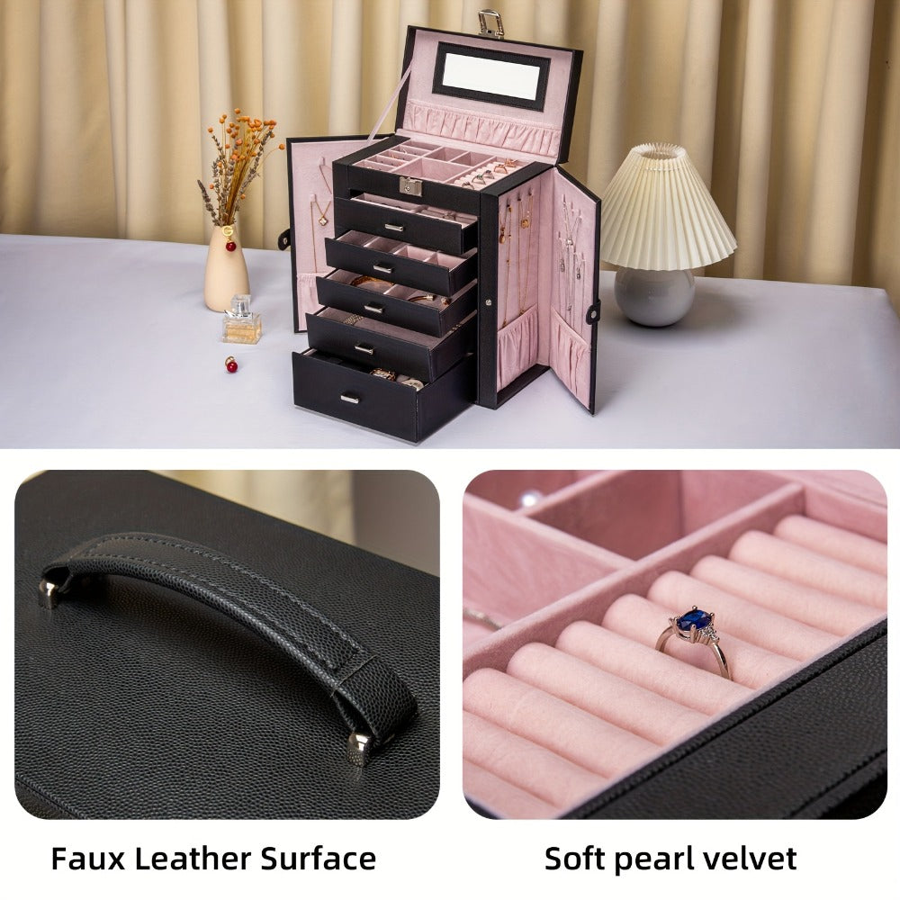Jewelry Box 6 Tier with 5 Drawers Mirror & Lock | Large Jewelry Organizer Storage Case Gift for Women