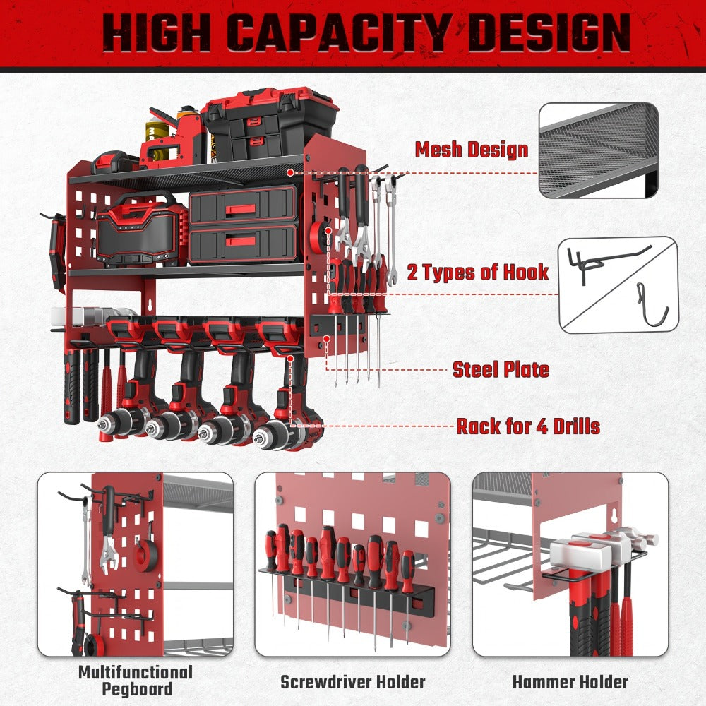 Power Drill Holder Wall Mount ¨C Heavy Duty Tool Storage Rack with 3/4 Layer Floating Shelf | Cordless Drill Organizer | 4/6/8 Drill Holders Workshop Tool Rack for Garage & Workshop Organization