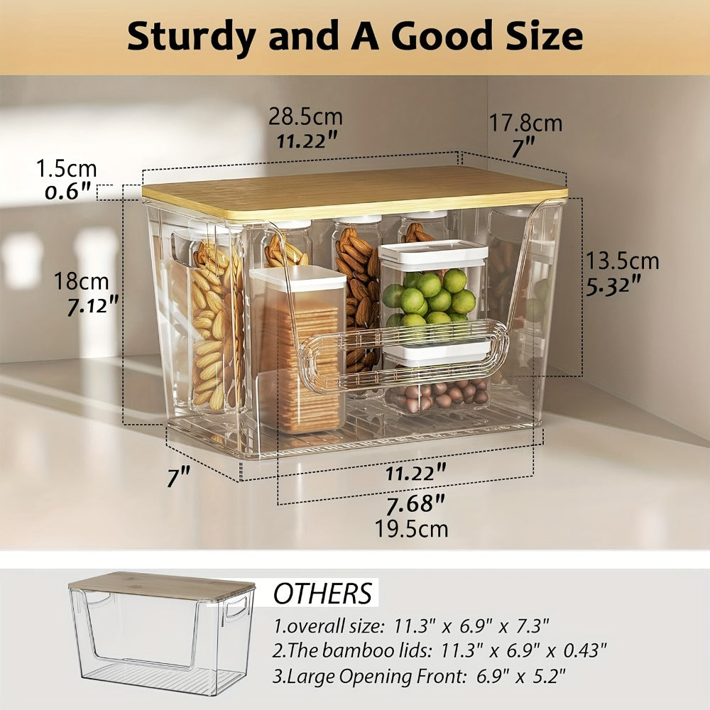 Clear Stackable Kitchen Pantry Organizer 2 Pack with Bamboo Top Durable PET Storage Bins for Onions Potatoes Fruits Vegetables Space Saving Ventilated Produce Organizer