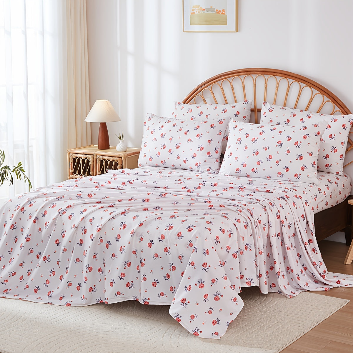 Bed Sheets Set 4pcs Deep Pocket Fitted Sheet & Pillow Cases | Soft Floral Bedding Twin Full Queen King ¨C White Pink Green
