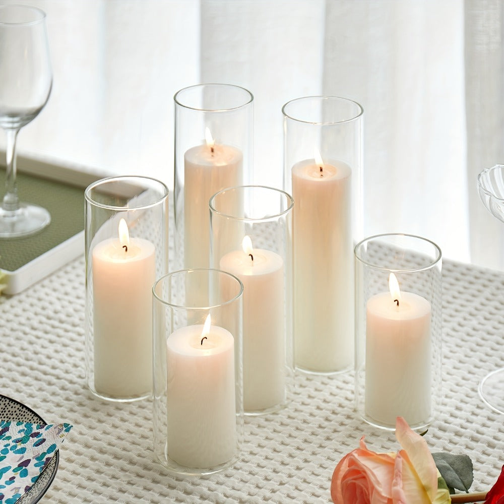 Pillar Candles with Clear Glass Hurricane Holders ¨C Unscented White Cylinder Candles & Vases for Wedding Centerpieces, Party Tables, Home & Office Decor, Bulk Set 24 or 48 Pieces