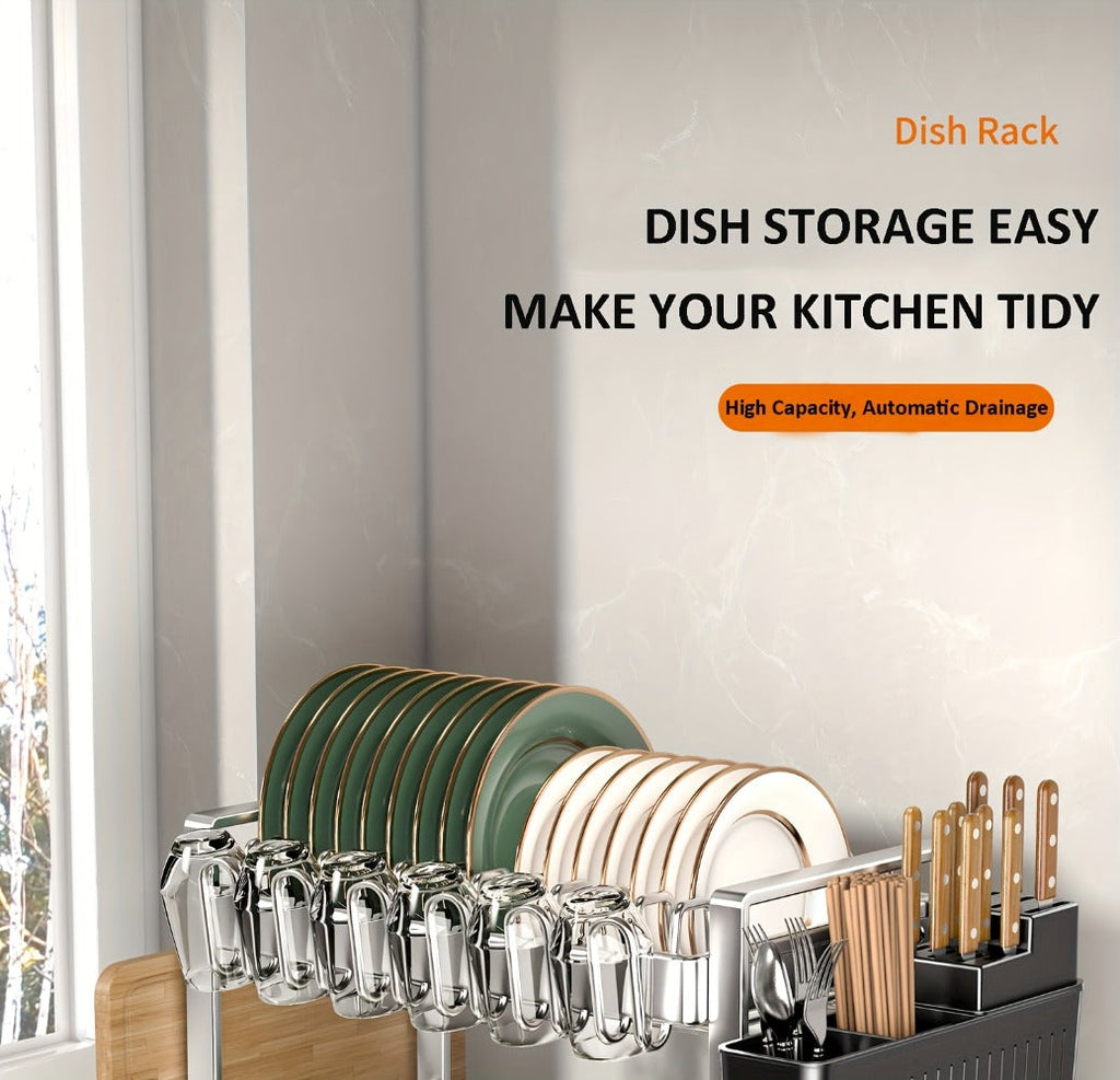 Stainless Steel 2-Tier Dish Rack with Auto Drainage | Rust-Resistant Kitchen Drying Rack for Dishes, Bowls, Cups & Utensils