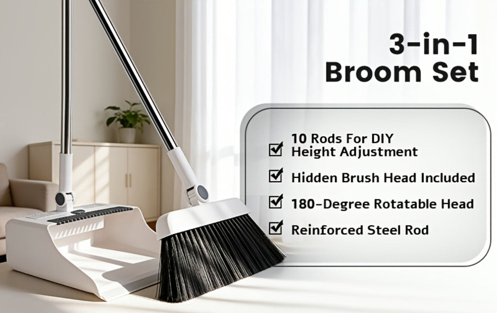 Broom and Dustpan Set with Long Handle - 2-in-1 3-in-1 4-in-1 Foldable Broom Dustpan Combo with Floor Brush for Home Office Dorm Room, Quick Dust Removal Household Cleaning Tool Set, White Pink Blue Orange Purple Grey