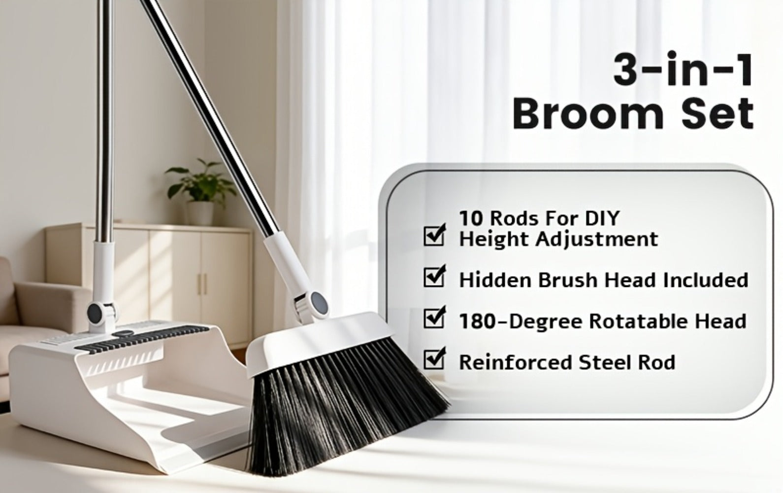Broom and Dustpan Set with Long Handle - 2-in-1 3-in-1 4-in-1 Foldable Broom Dustpan Combo with Floor Brush for Home Office Dorm Room, Quick Dust Removal Household Cleaning Tool Set, White Pink Blue Orange Purple Grey