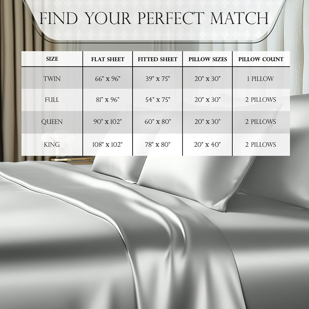 Satin Bed Sheet Set 4-Piece, Cooling Silky Soft Microfiber Sheets with Deep Pocket Fitted Sheet, Flat Sheet & 2 Pillowcases, Breathable Lightweight Bedding for Twin Full Queen King