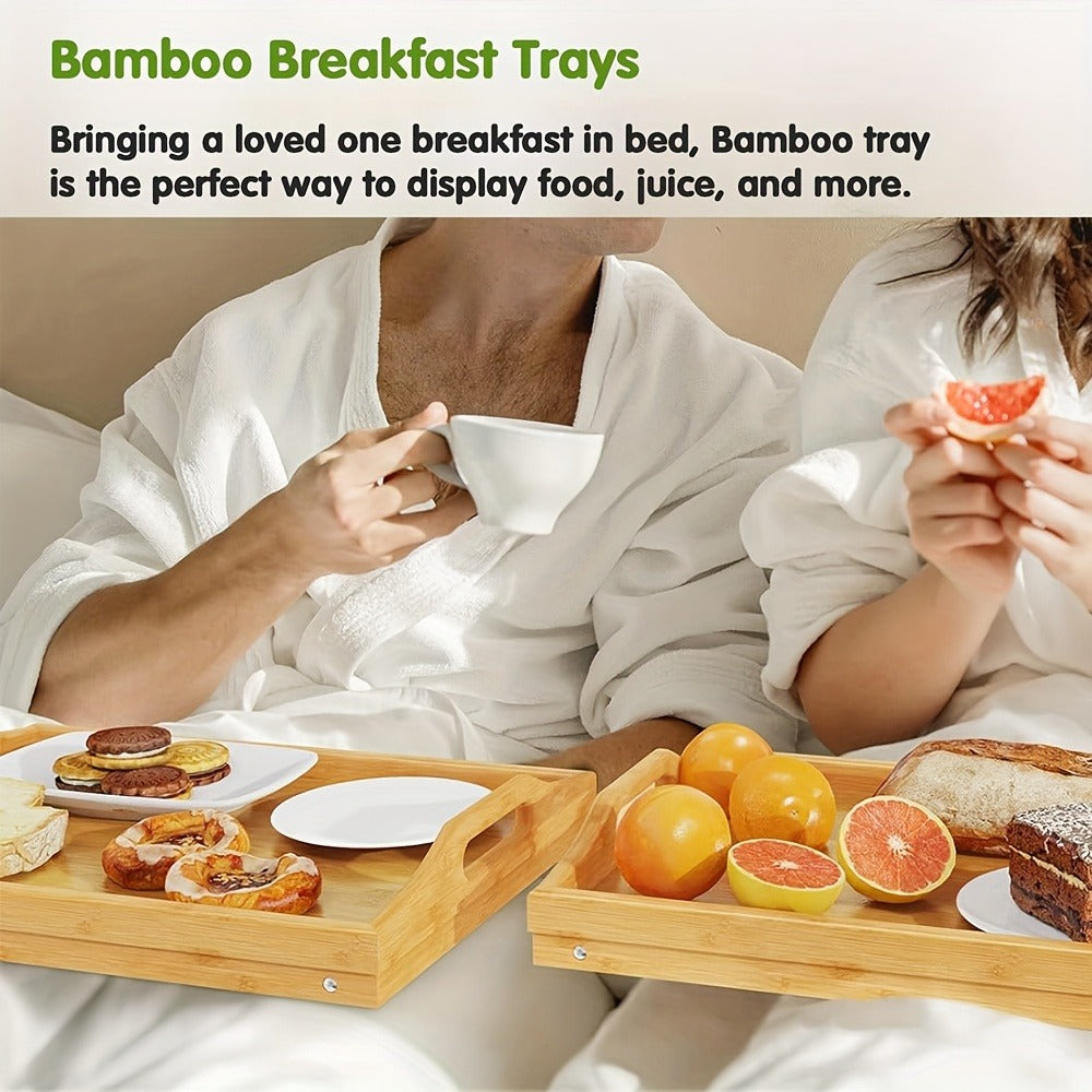 Bamboo Breakfast Tray with Folding Legs & Handles 2 Pack ¨C Extra Wide Foldable Bed Tray Table for Eating, Working & Drawing on Sofa or Bed, Food-Safe Natural Bamboo with 10 Paper Plates