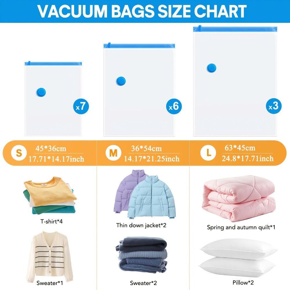 Vacuum Storage Bags 16pcs with Electric Pump ¨C Space Saver Compression Bags for Clothes, Bedding, Pillows, Quilts, Blankets, Travel & Luggage (7 Small, 6 Medium, 3 Large)