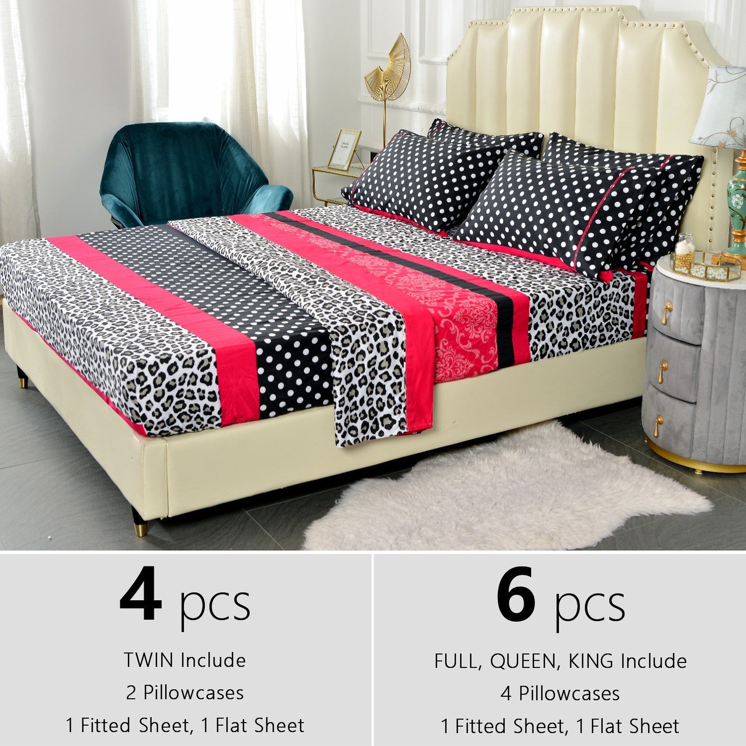 Microfiber Bed Sheet Set 4/6 Pcs ¨C Soft Breathable Patchwork Printed Bedding with Deep Pocket Fitted Sheet, Wrinkle-Resistant Easy Care ¨C Twin, Full, Queen, King Sizes Available