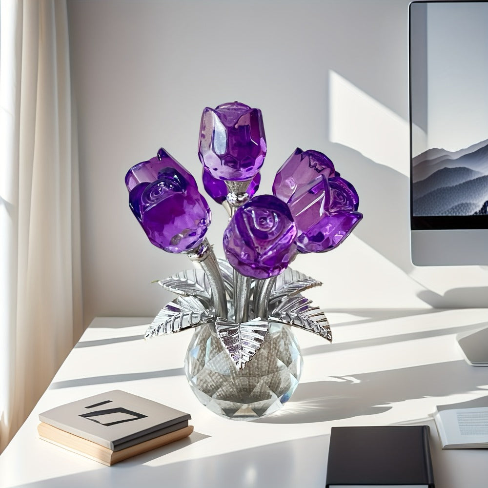 Glass Rose Sculpture Floral Home Decor ¨C Sparkling Leaves Art Figurine for Bedroom, Living Room, Valentine's Day Gift
