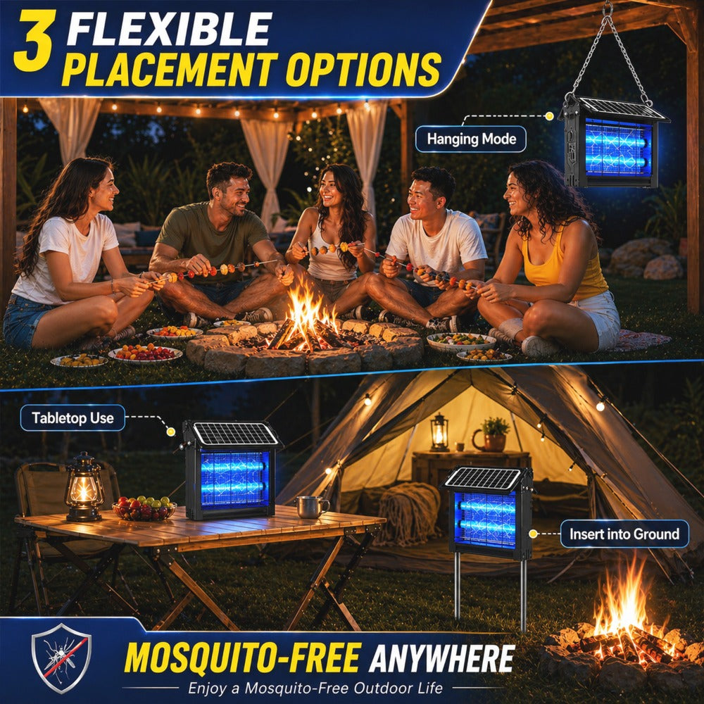 Solar Bug Zapper Outdoor ¨C 4500V Electric Mosquito Killer with Dual Solar Panels & USB Charging, Auto On/Off Light Sensor, IPX4 Waterproof Insect Trap for Patio, Backyard, Garden & Camping