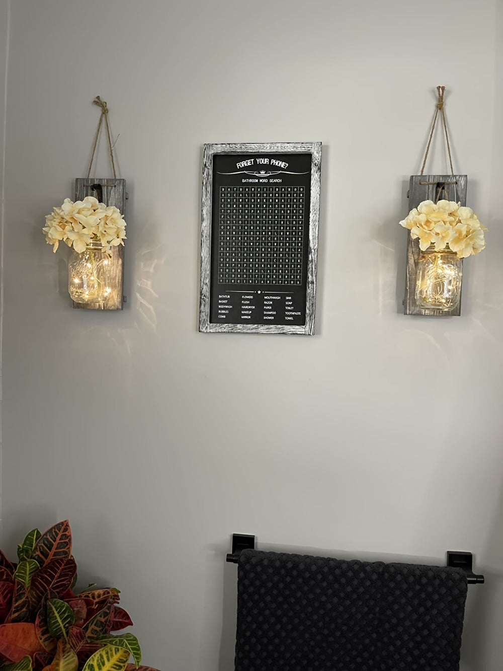 Mason Jar Wall Sconces Set of 2 - Rustic Farmhouse Wall Decor with Ivory Hydrangea Flowers, Warm White Light Fixture for Living Room Bedroom Kitchen Bathroom