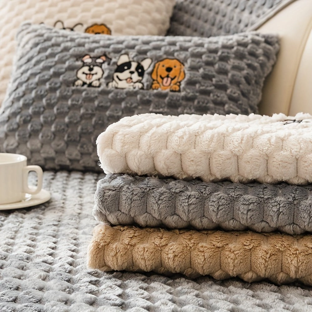 Velvet Sofa Slipcover Honeycomb Texture 1pc - Cute Dog Embroidery Bohemian Style Non-Slip Pet Friendly Machine Washable Polyester Couch Cover | Gray Khaki White | 2 3 4 Seat Living Room Home Decor