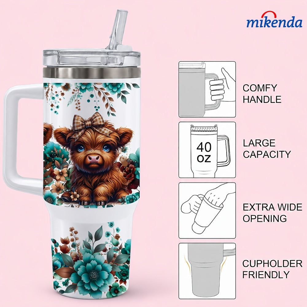 Highland Cow Insulated Tumbler Mug 40oz 16oz | Stainless Steel Vacuum Insulated | 24H Cold 12H Hot | Floral Teal Design | Gift
