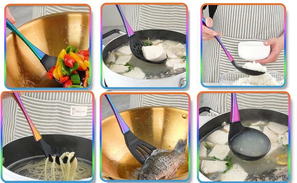 Silicone Cooking Utensils Set 17 Piece Rainbow Titanium with Rotating Holder - Heat Resistant Non-Stick Spatulas, Ladle, Skimmer, Turner & Measuring Cups and Spoons with Stainless Steel Handles