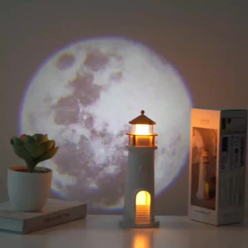 Moon Lighthouse Projector Night Light ¨C Motion Sensor LED Lamp with USB Charging, Always-On Mode, Moonlight Ocean Projection, Decorative Ambient Light & Unique Gift for Home Bedroom Decor