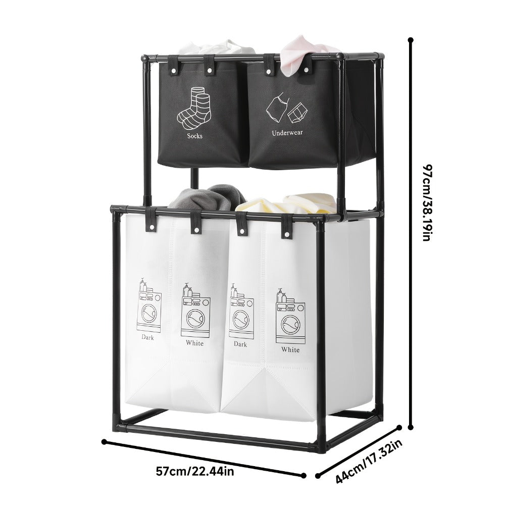 Laundry Sorter 2-Tier with Removable Bins - Collapsible Clothes Hamper Oxford Fabric Double Laundry Basket for Bedroom Bathroom Kids Adults Dorm Travel with 10 Cable Ties