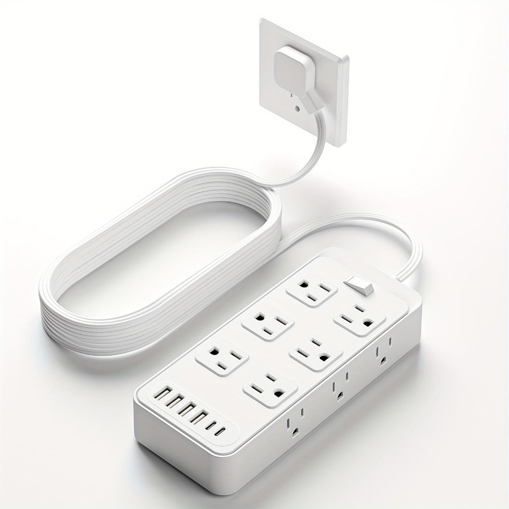 Charging Station Power Strip 18-in-1 with 12 AC Outlets 4 USB-A 2 USB-C Ports Surge Protector Flat Plug 5FT PVC Extension Cord Fire-Resistant for Home Office Travel Desk White Black