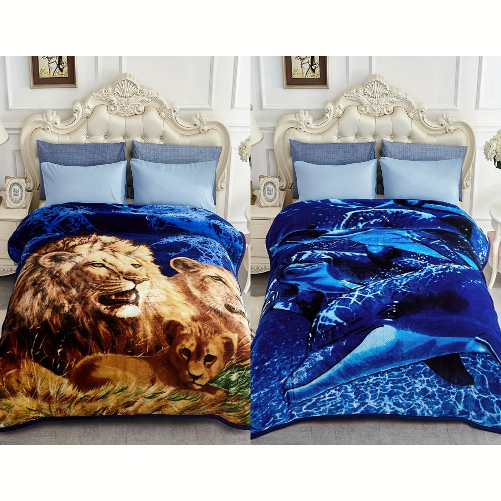 Reversible Plush Blanket 2-Ply 520GSM Milk Velvet - Soft Warm Queen King Size Blanket with Vibrant Animal & Floral Designs, All-Season Bed Couch Throw